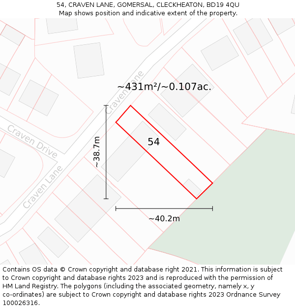 54, CRAVEN LANE, GOMERSAL, CLECKHEATON, BD19 4QU: Plot and title map