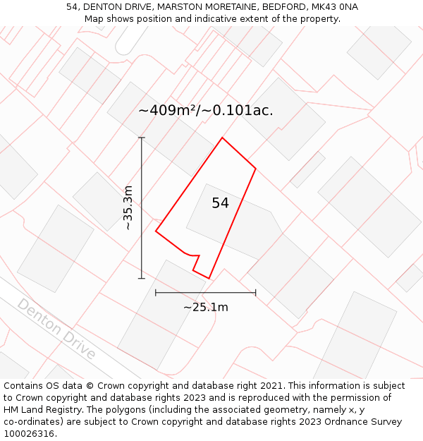 54, DENTON DRIVE, MARSTON MORETAINE, BEDFORD, MK43 0NA: Plot and title map