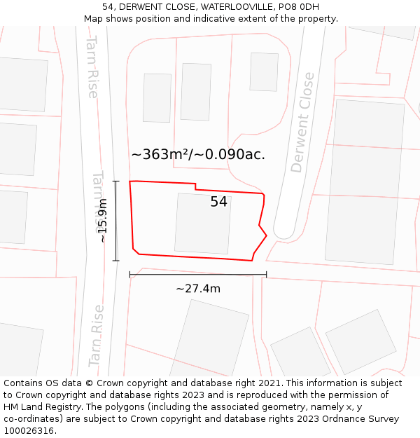 54, DERWENT CLOSE, WATERLOOVILLE, PO8 0DH: Plot and title map