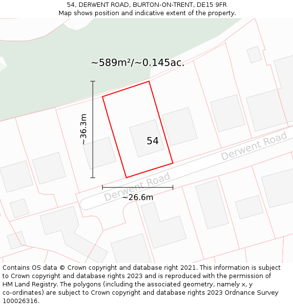 54, DERWENT ROAD, BURTON-ON-TRENT, DE15 9FR: Plot and title map