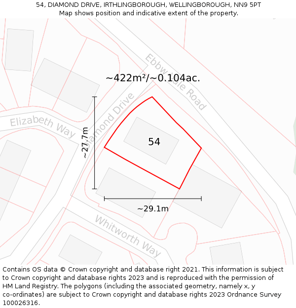 54, DIAMOND DRIVE, IRTHLINGBOROUGH, WELLINGBOROUGH, NN9 5PT: Plot and title map