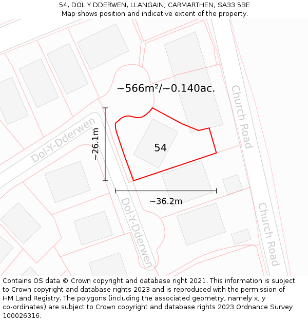 54, DOL Y DDERWEN, LLANGAIN, CARMARTHEN, SA33 5BE: Plot and title map