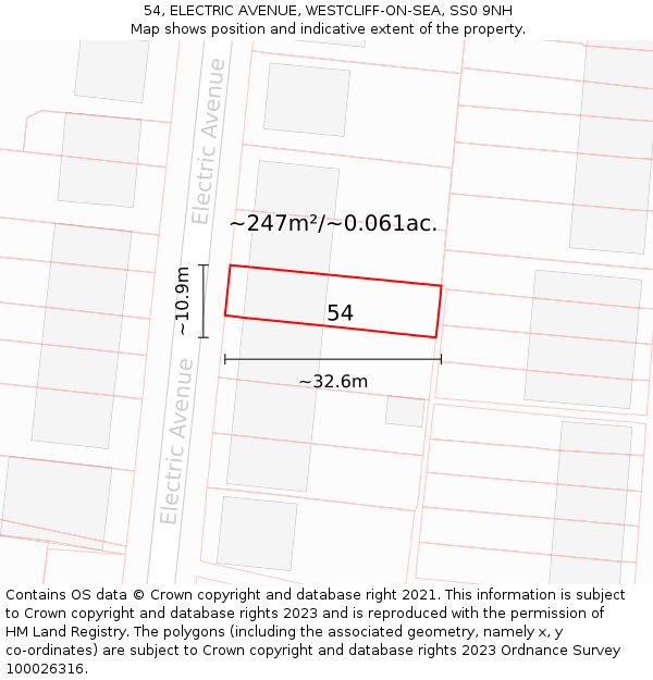 54, ELECTRIC AVENUE, WESTCLIFF-ON-SEA, SS0 9NH: Plot and title map