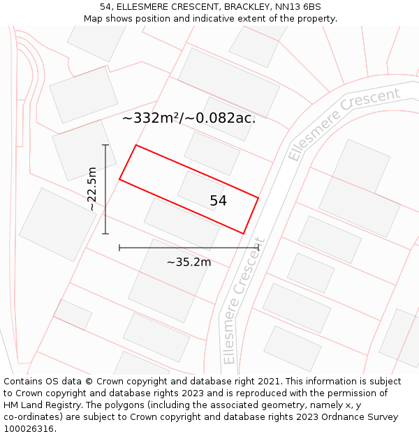 54, ELLESMERE CRESCENT, BRACKLEY, NN13 6BS: Plot and title map