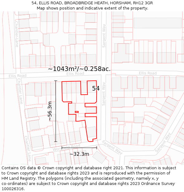 54, ELLIS ROAD, BROADBRIDGE HEATH, HORSHAM, RH12 3GR: Plot and title map