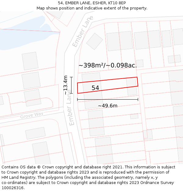 54, EMBER LANE, ESHER, KT10 8EP: Plot and title map