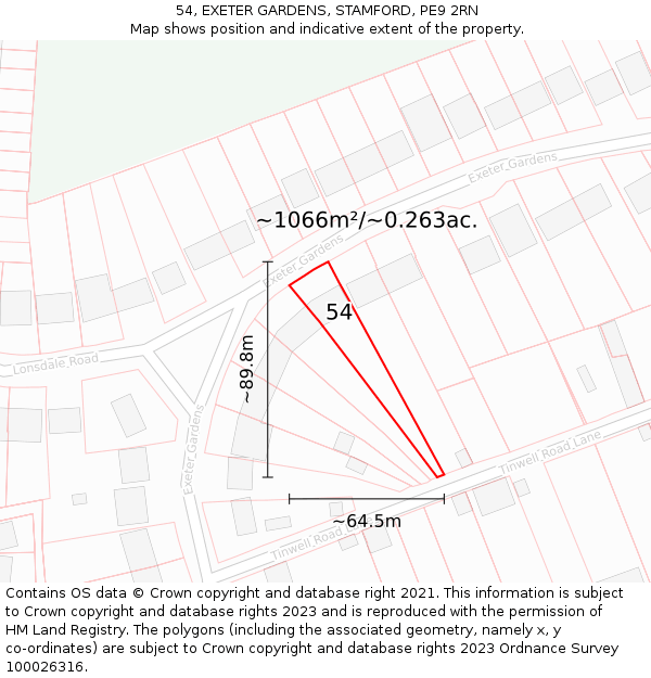 54, EXETER GARDENS, STAMFORD, PE9 2RN: Plot and title map