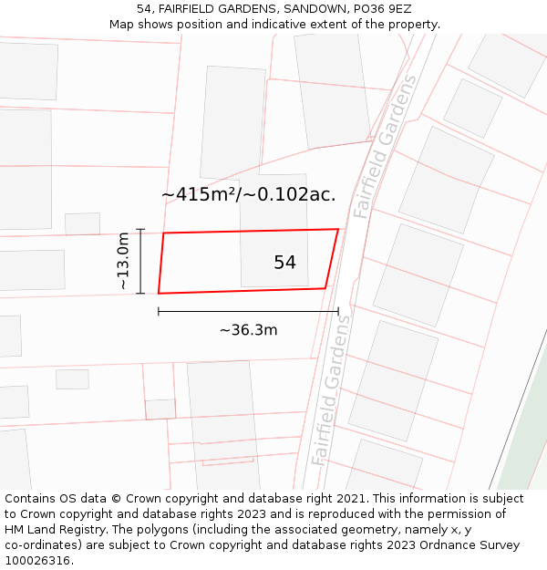 54, FAIRFIELD GARDENS, SANDOWN, PO36 9EZ: Plot and title map