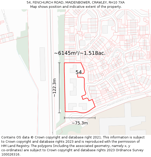 54, FENCHURCH ROAD, MAIDENBOWER, CRAWLEY, RH10 7XA: Plot and title map