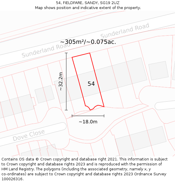 54, FIELDFARE, SANDY, SG19 2UZ: Plot and title map