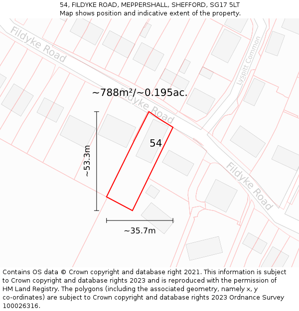 54, FILDYKE ROAD, MEPPERSHALL, SHEFFORD, SG17 5LT: Plot and title map