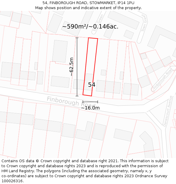54, FINBOROUGH ROAD, STOWMARKET, IP14 1PU: Plot and title map