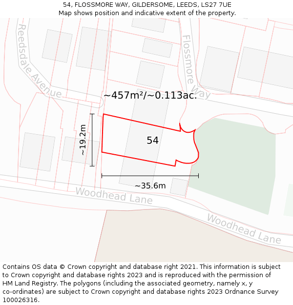 54, FLOSSMORE WAY, GILDERSOME, LEEDS, LS27 7UE: Plot and title map