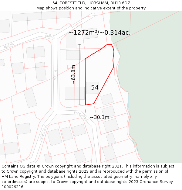 54, FORESTFIELD, HORSHAM, RH13 6DZ: Plot and title map