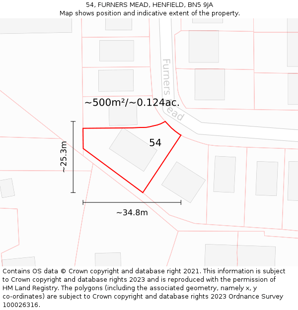 54, FURNERS MEAD, HENFIELD, BN5 9JA: Plot and title map