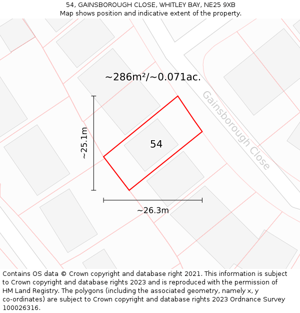 54, GAINSBOROUGH CLOSE, WHITLEY BAY, NE25 9XB: Plot and title map