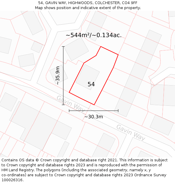 54, GAVIN WAY, HIGHWOODS, COLCHESTER, CO4 9FF: Plot and title map