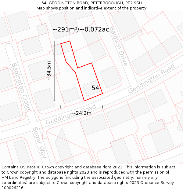 54, GEDDINGTON ROAD, PETERBOROUGH, PE2 9SH: Plot and title map