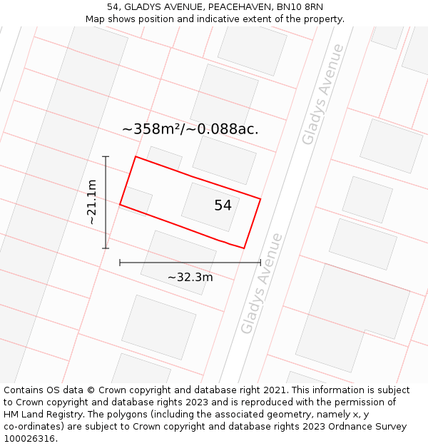 54, GLADYS AVENUE, PEACEHAVEN, BN10 8RN: Plot and title map