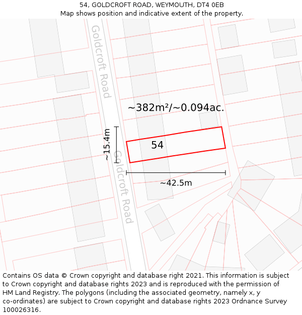 54, GOLDCROFT ROAD, WEYMOUTH, DT4 0EB: Plot and title map