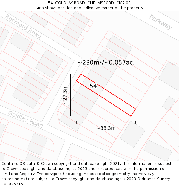 54, GOLDLAY ROAD, CHELMSFORD, CM2 0EJ: Plot and title map