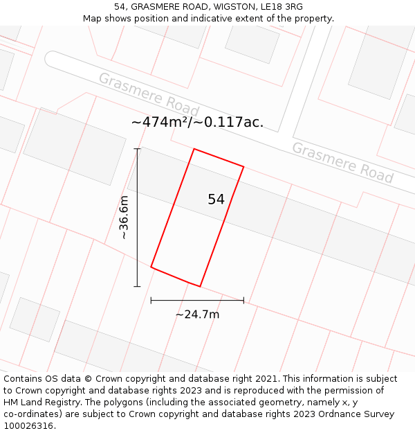 54, GRASMERE ROAD, WIGSTON, LE18 3RG: Plot and title map