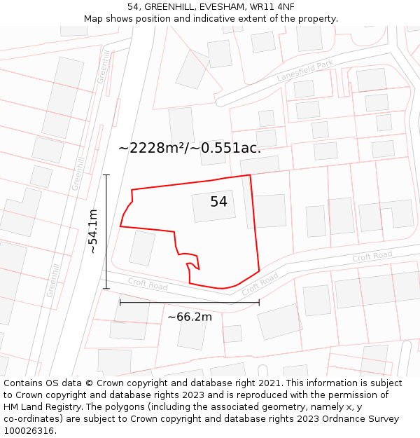 54, GREENHILL, EVESHAM, WR11 4NF: Plot and title map