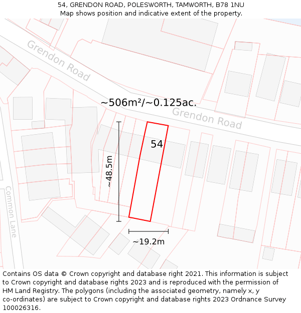 54, GRENDON ROAD, POLESWORTH, TAMWORTH, B78 1NU: Plot and title map