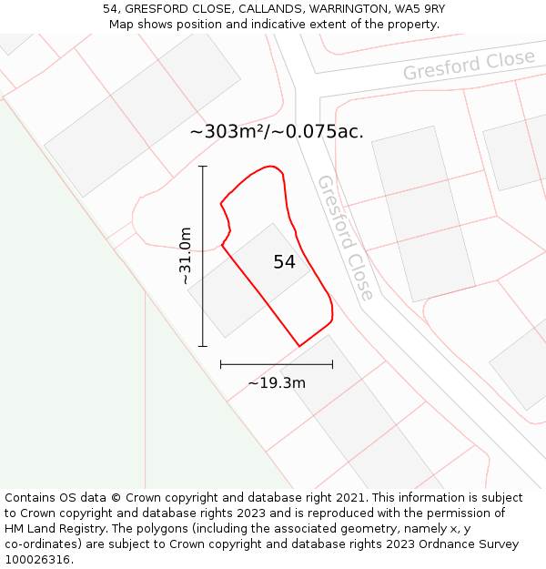 54, GRESFORD CLOSE, CALLANDS, WARRINGTON, WA5 9RY: Plot and title map