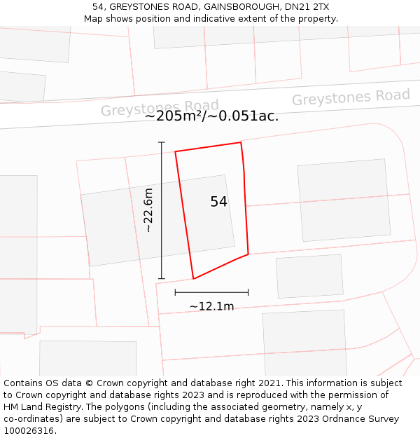 54, GREYSTONES ROAD, GAINSBOROUGH, DN21 2TX: Plot and title map