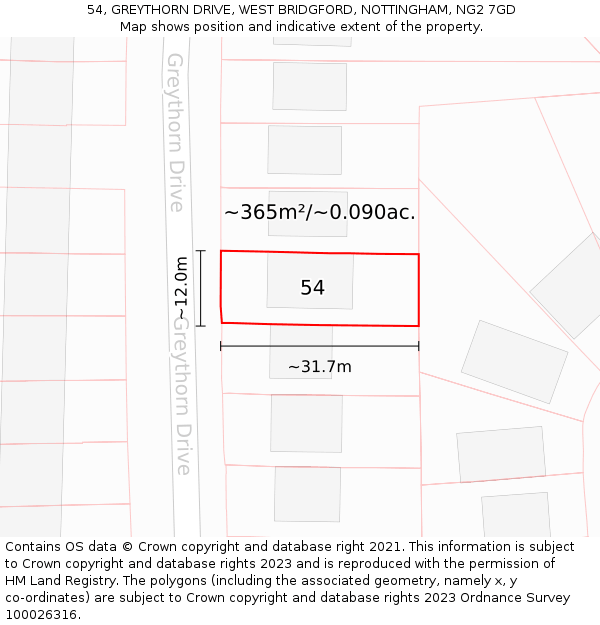 54, GREYTHORN DRIVE, WEST BRIDGFORD, NOTTINGHAM, NG2 7GD: Plot and title map