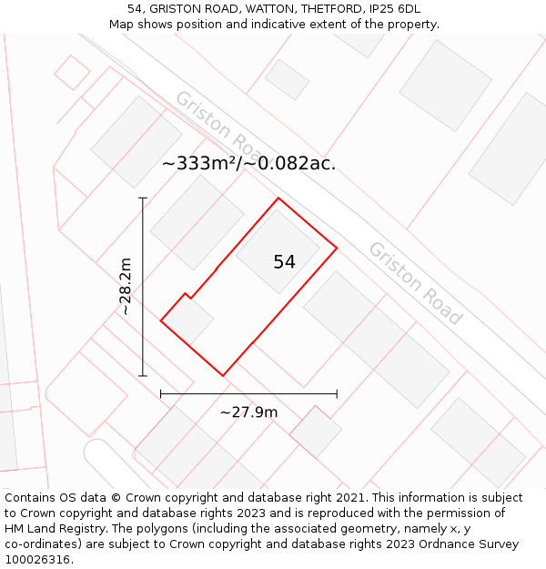 54, GRISTON ROAD, WATTON, THETFORD, IP25 6DL: Plot and title map