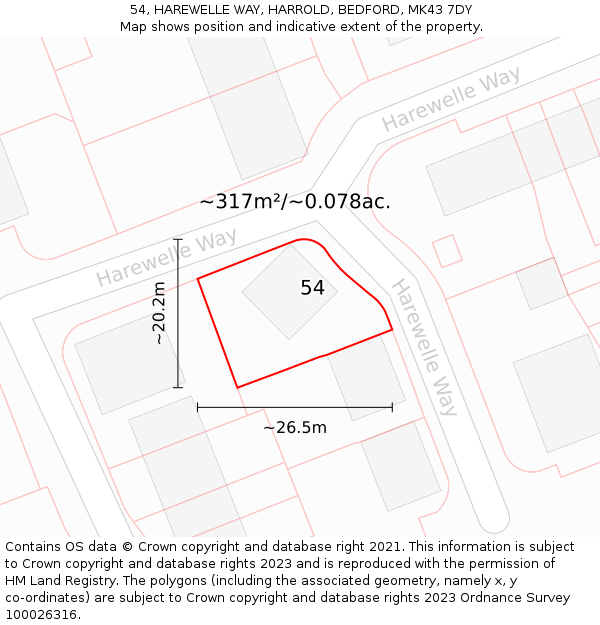 54, HAREWELLE WAY, HARROLD, BEDFORD, MK43 7DY: Plot and title map