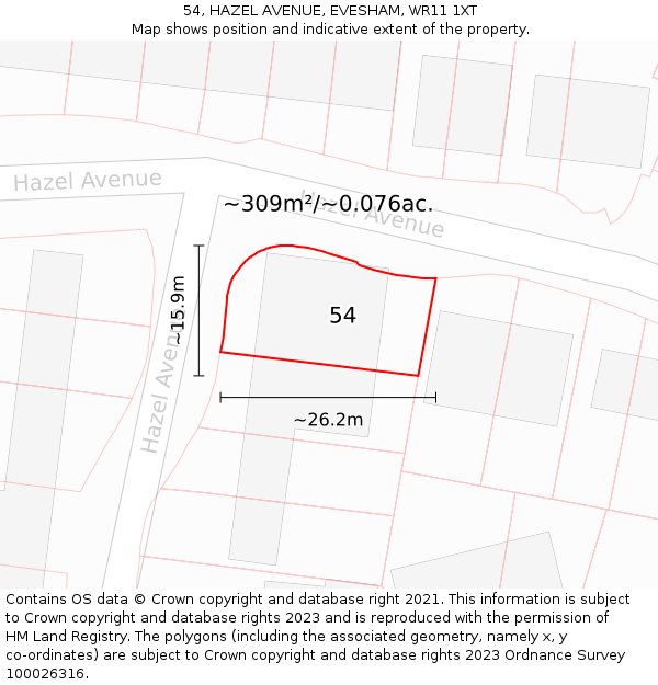 54, HAZEL AVENUE, EVESHAM, WR11 1XT: Plot and title map