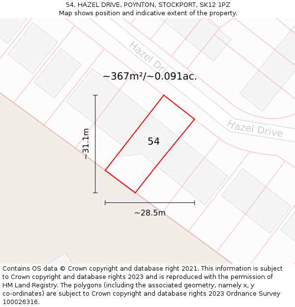 54, HAZEL DRIVE, POYNTON, STOCKPORT, SK12 1PZ: Plot and title map