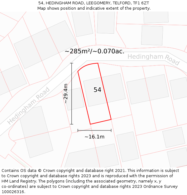 54, HEDINGHAM ROAD, LEEGOMERY, TELFORD, TF1 6ZT: Plot and title map