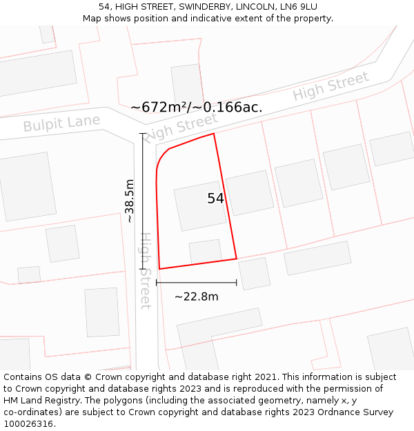 54, HIGH STREET, SWINDERBY, LINCOLN, LN6 9LU: Plot and title map