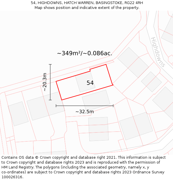 54, HIGHDOWNS, HATCH WARREN, BASINGSTOKE, RG22 4RH: Plot and title map