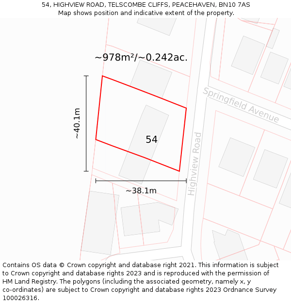 54, HIGHVIEW ROAD, TELSCOMBE CLIFFS, PEACEHAVEN, BN10 7AS: Plot and title map