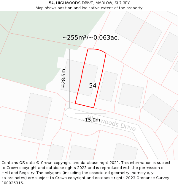 54, HIGHWOODS DRIVE, MARLOW, SL7 3PY: Plot and title map