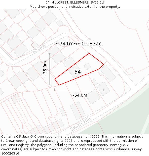 54, HILLCREST, ELLESMERE, SY12 0LJ: Plot and title map