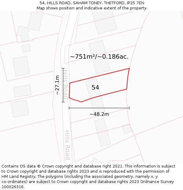 54, HILLS ROAD, SAHAM TONEY, THETFORD, IP25 7EN: Plot and title map