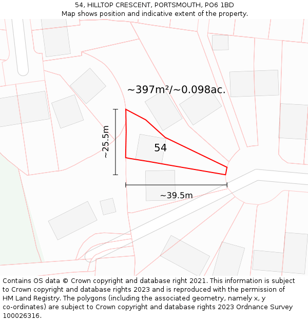 54, HILLTOP CRESCENT, PORTSMOUTH, PO6 1BD: Plot and title map