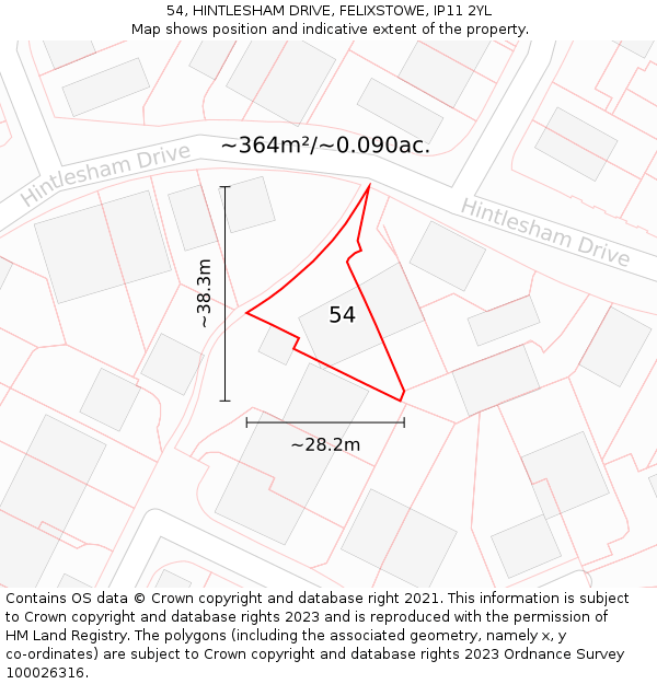 54, HINTLESHAM DRIVE, FELIXSTOWE, IP11 2YL: Plot and title map