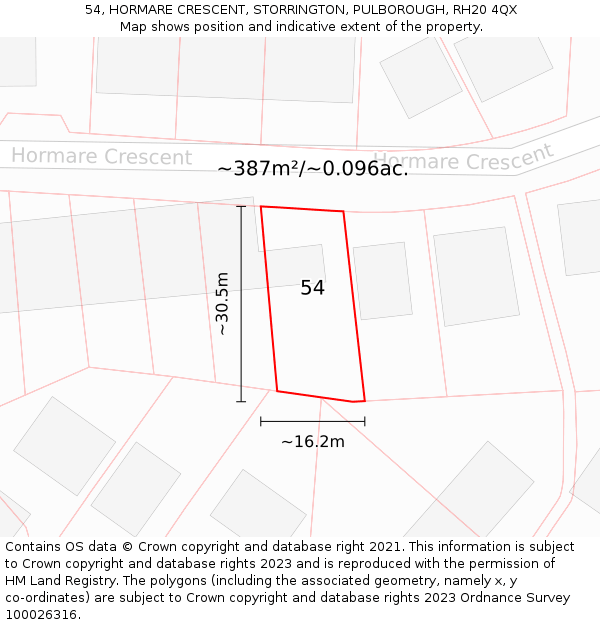 54, HORMARE CRESCENT, STORRINGTON, PULBOROUGH, RH20 4QX: Plot and title map