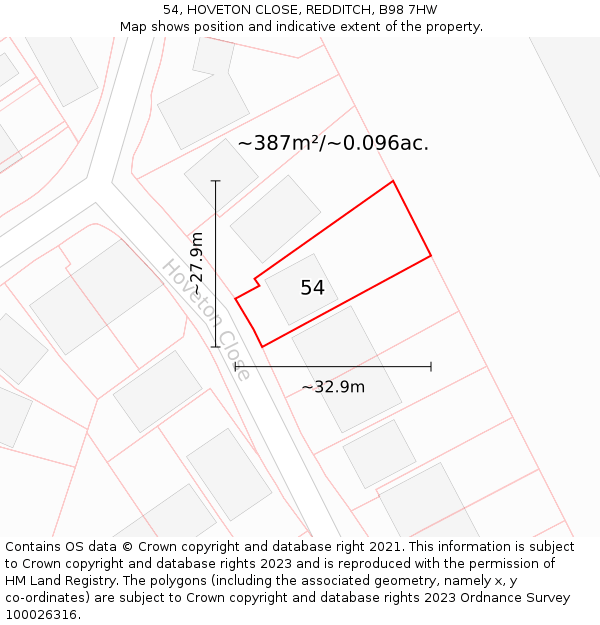 54, HOVETON CLOSE, REDDITCH, B98 7HW: Plot and title map