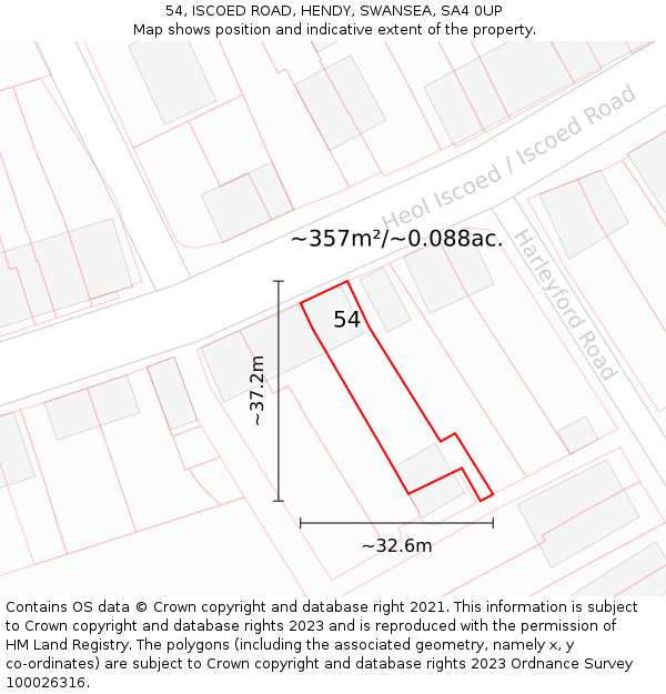 54, ISCOED ROAD, HENDY, SWANSEA, SA4 0UP: Plot and title map