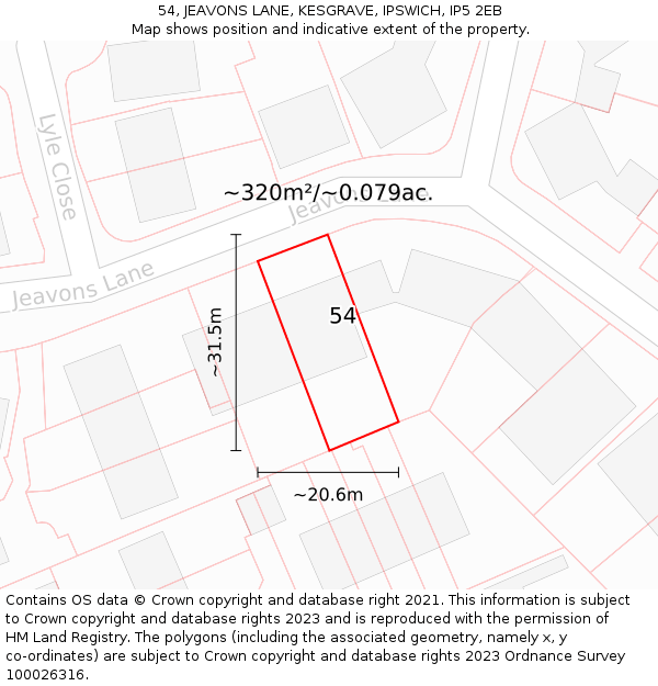 54, JEAVONS LANE, KESGRAVE, IPSWICH, IP5 2EB: Plot and title map