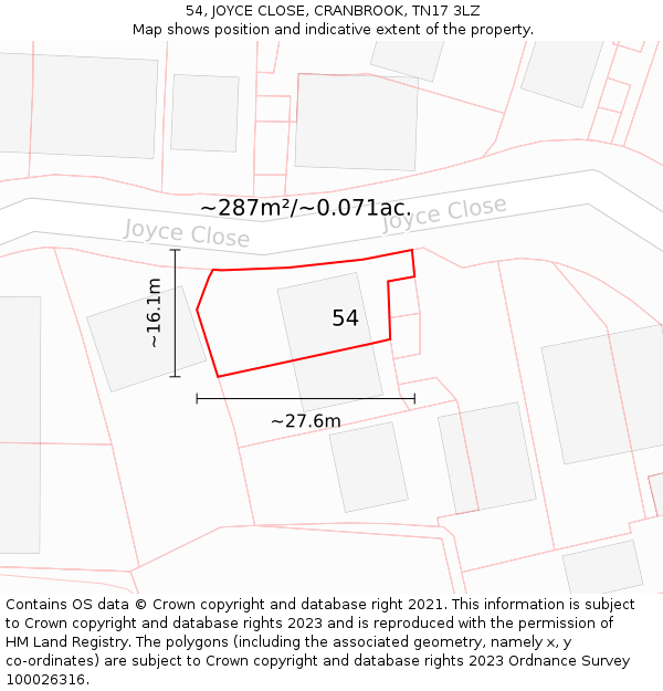 54, JOYCE CLOSE, CRANBROOK, TN17 3LZ: Plot and title map