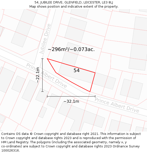 54, JUBILEE DRIVE, GLENFIELD, LEICESTER, LE3 8LJ: Plot and title map